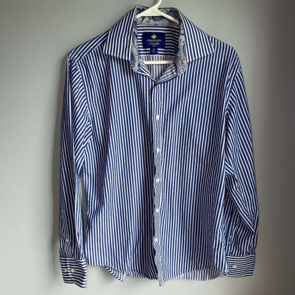 Christian Aujard Paris Blue White Stripe Button Down Shirt Mens M